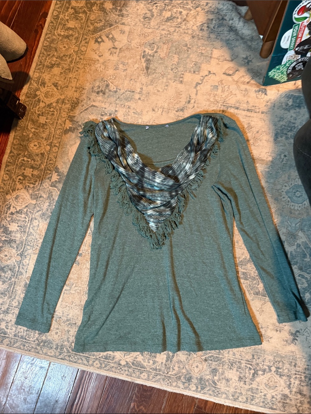 Olive Green Long-Sleeve Top with Fringe V-Neck Accent